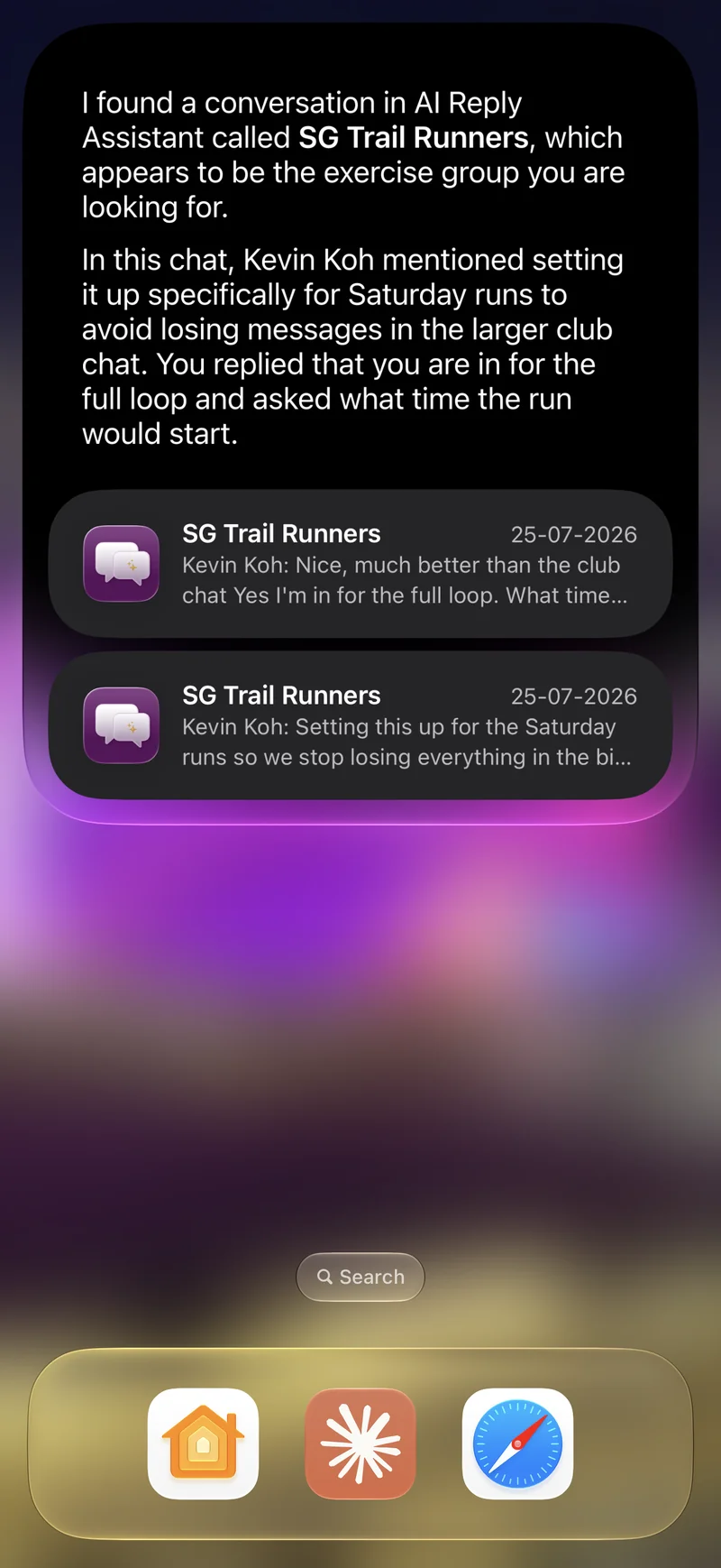 Siri AI answering on the Home Screen, summarising a group chat found inside AI Reply Assistant and listing the two messages it drew on